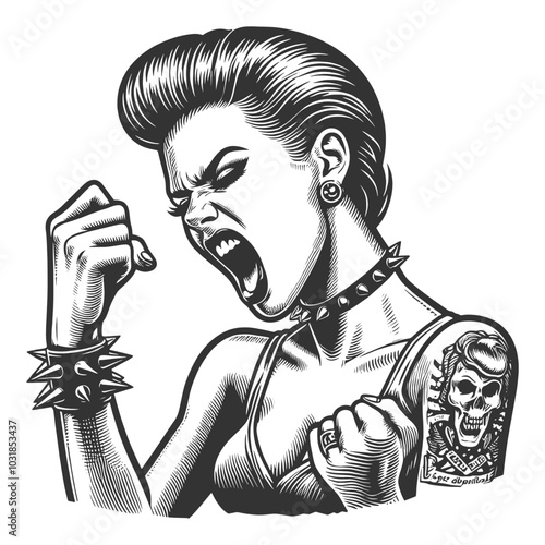 fierce punk woman shouting, spiked accessories and detailed skull tattoo sketch engraving generative ai fictional character vector illustration. Scratch board imitation. Black and white image.