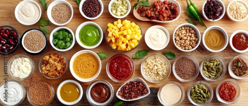  A wooden table, laden with bowls holding various sauces and condiments photo