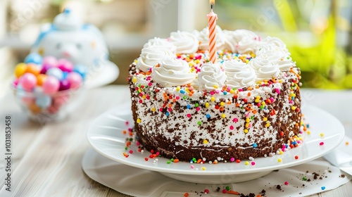 Photography of a close-up of a plate with a slice of birthday cake, adorned with sprinkles and a small birthday candle, set on a decorated table with other party treats for the birthday celebration