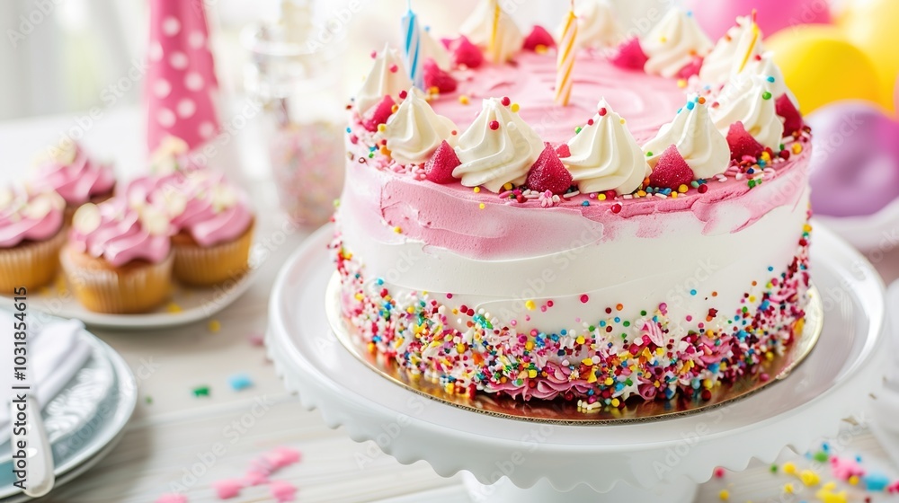 Photography of a close-up of a plate with a slice of birthday cake, adorned with sprinkles and a small birthday candle, set on a decorated table with other party treats for the birthday celebration Photography of a close-up of a plate with a slice of birthday cake, adorned with sprinkles and a small birthday candle, set on a decorated table with other party treats for the birthday celebration