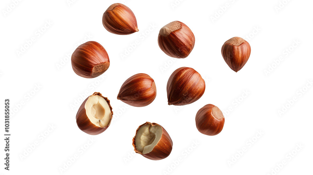 Hazelnuts scattered on a transparent background Hazelnuts scattered on a transparent background