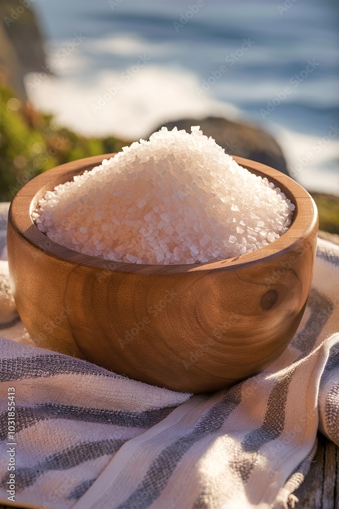 sea salt in wooden bowl on a towel sea salt in wooden bowl on a towel