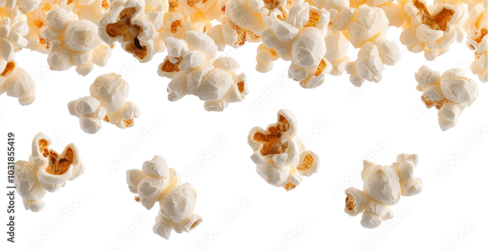 Popcorn kernels falling on a transparent background. Popcorn kernels falling on a transparent background.