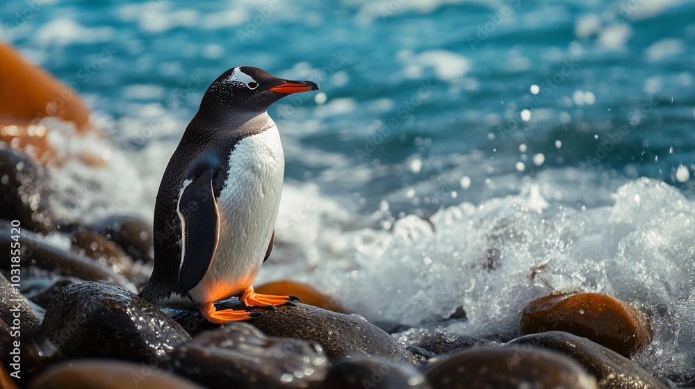 Naklejka premium Gentle Penguin by the Seashore with Ocean Waves