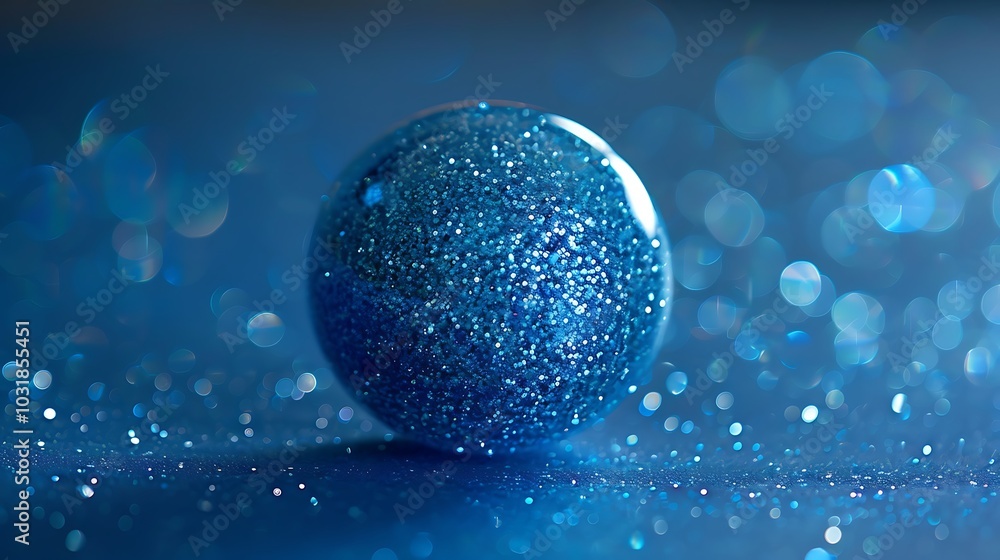 A round glitter object in vibrant blue, with tiny reflective particles that catch the light and create a glowing effect against a simple backdrop. 8k UHD, suitable for high-quality printing A round glitter object in vibrant blue, with tiny reflective particles that catch the light and create a glowing effect against a simple backdrop. 8k UHD, suitable for high-quality printing