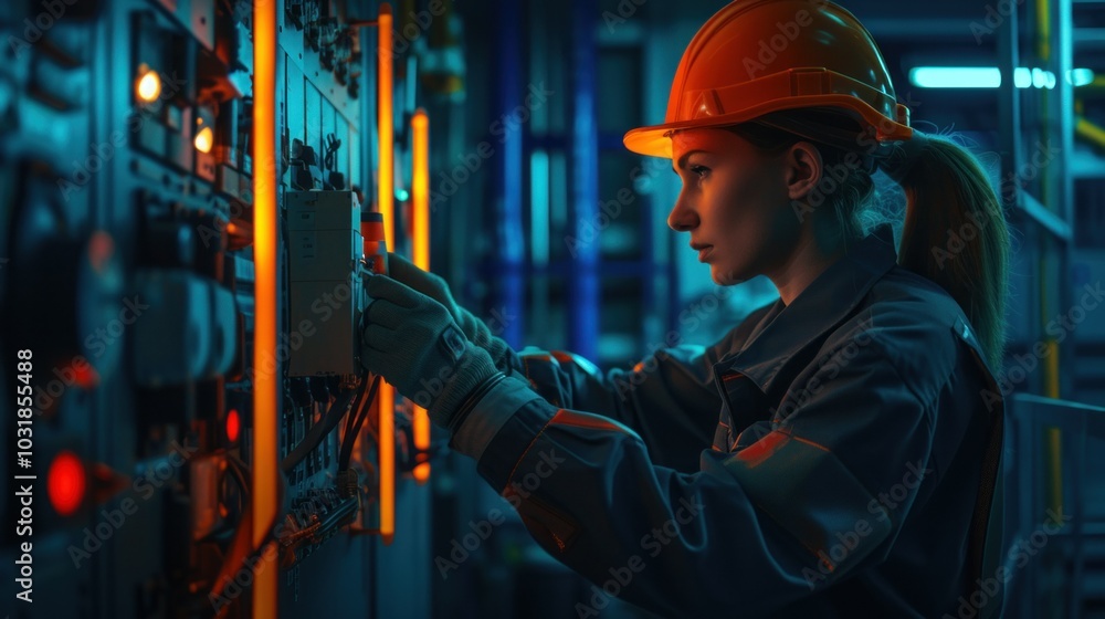 A woman in a hard hat is working on a machine in a factory A woman in a hard hat is working on a machine in a factory