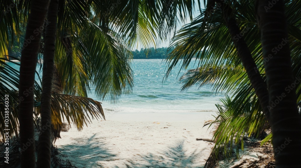 A detailed shot of palm trees framing the white sands of a secluded Thai beach A detailed shot of palm trees framing the white sands of a secluded Thai beach