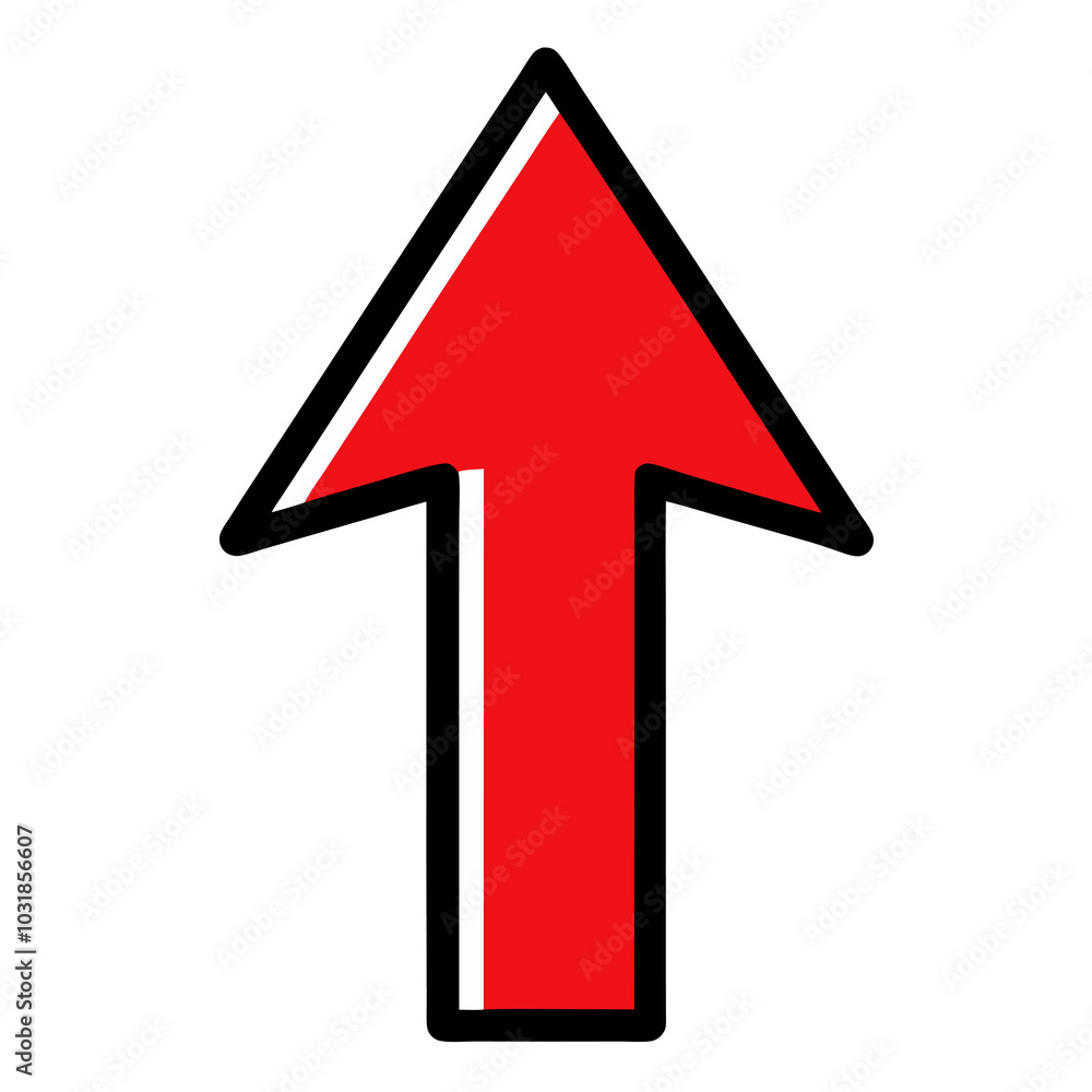 A bold, red arrow points upwards, outlined with a thick black border A bold, red arrow points upwards, outlined with a thick black border