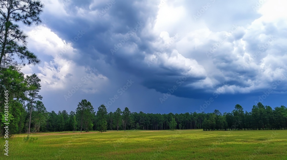 Dramatic Storm Clouds Over Pine Forest Meadow Landscape Dramatic Storm Clouds Over Pine Forest Meadow Landscape