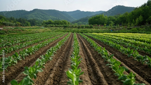 A detailed shot of traditional Korean farming fields, with crops growing in neat rows.