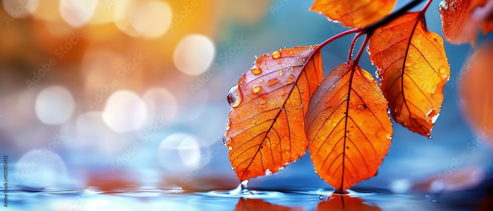 A tight shot of a wet leaf on a branch, water droplets clinging to its surface, background softly blurred A tight shot of a wet leaf on a branch, water droplets clinging to its surface, background softly blurred