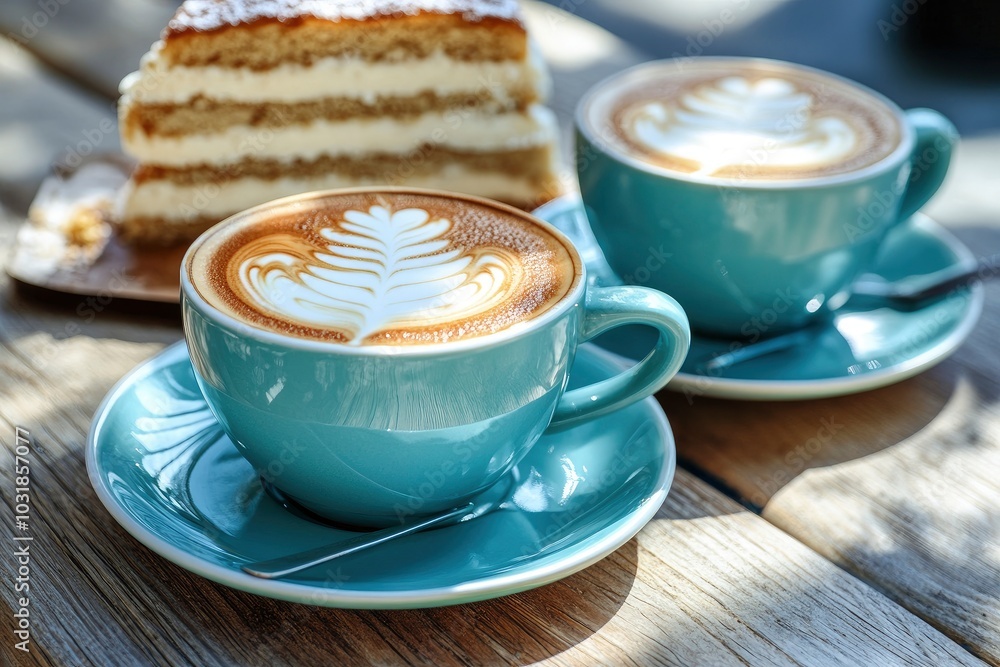 Two cups of coffee and cake on the table, latte art - generative ai Two cups of coffee and cake on the table, latte art - generative ai