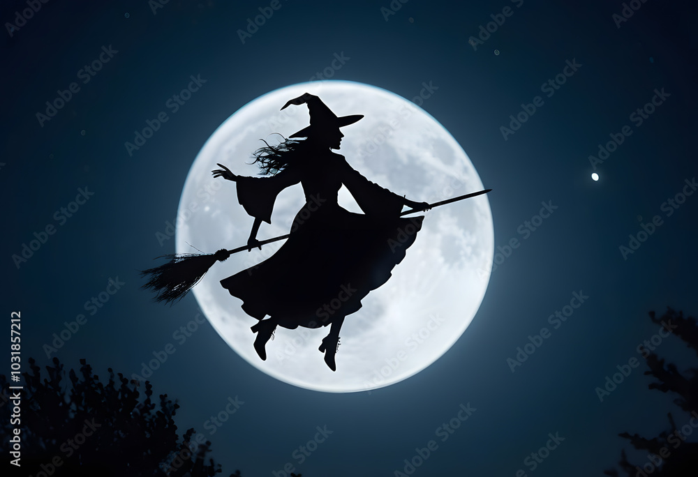 Fototapeta premium A witch flying across a bright full moon, silhouetted against a dark Halloween sky