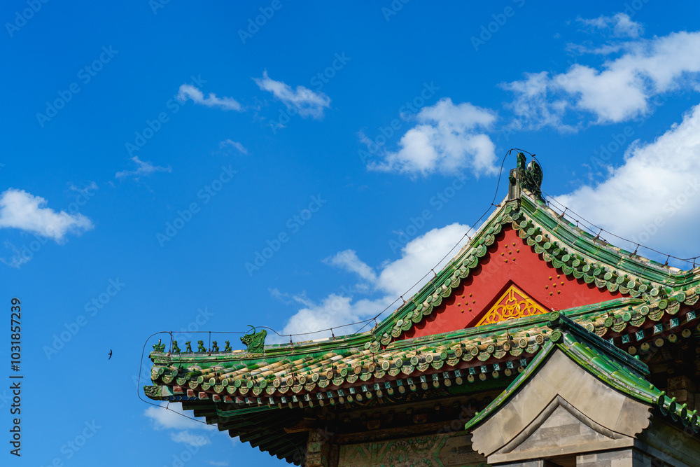 Decoration details of gates and palaces in the Temple of Heaven under blue sky, a major landmark and travel destination in Beijing, China Decoration details of gates and palaces in the Temple of Heaven under blue sky, a major landmark and travel destination in Beijing, China