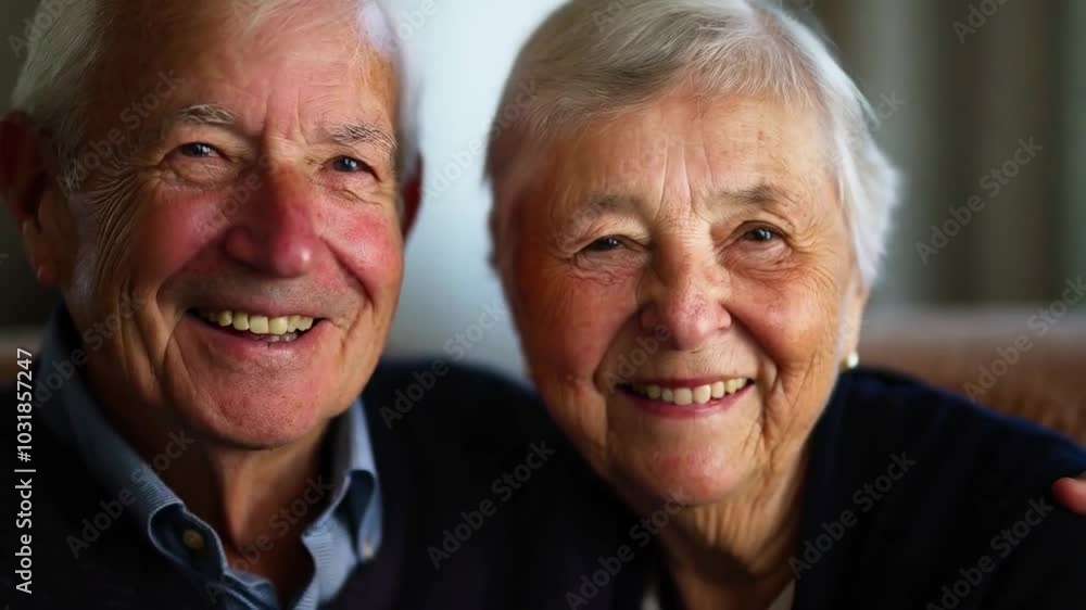 Close up of elderly couple smiling together, radiating happiness and love in their joyful moments. Close up of elderly couple smiling together, radiating happiness and love in their joyful moments.