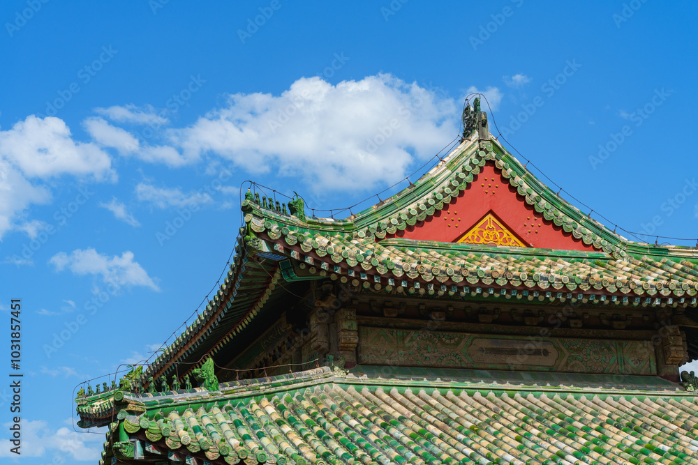 Decoration details of gates and palaces in the Temple of Heaven under blue sky, a major landmark and travel destination in Beijing, China Decoration details of gates and palaces in the Temple of Heaven under blue sky, a major landmark and travel destination in Beijing, China