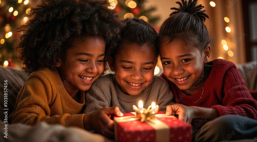 close up of portrait of 3 happy black african-american, children with a Christmas gift in their hands, surrounded by festive lights and decorations on a cozy, dark background close up of portrait of 3 happy black african-american, children with a Christmas gift in their hands, surrounded by festive lights and decorations on a cozy, dark background