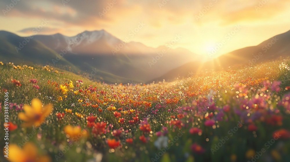 Fototapeta premium Vibrant Spring Meadow at Sunrise with Mountain View