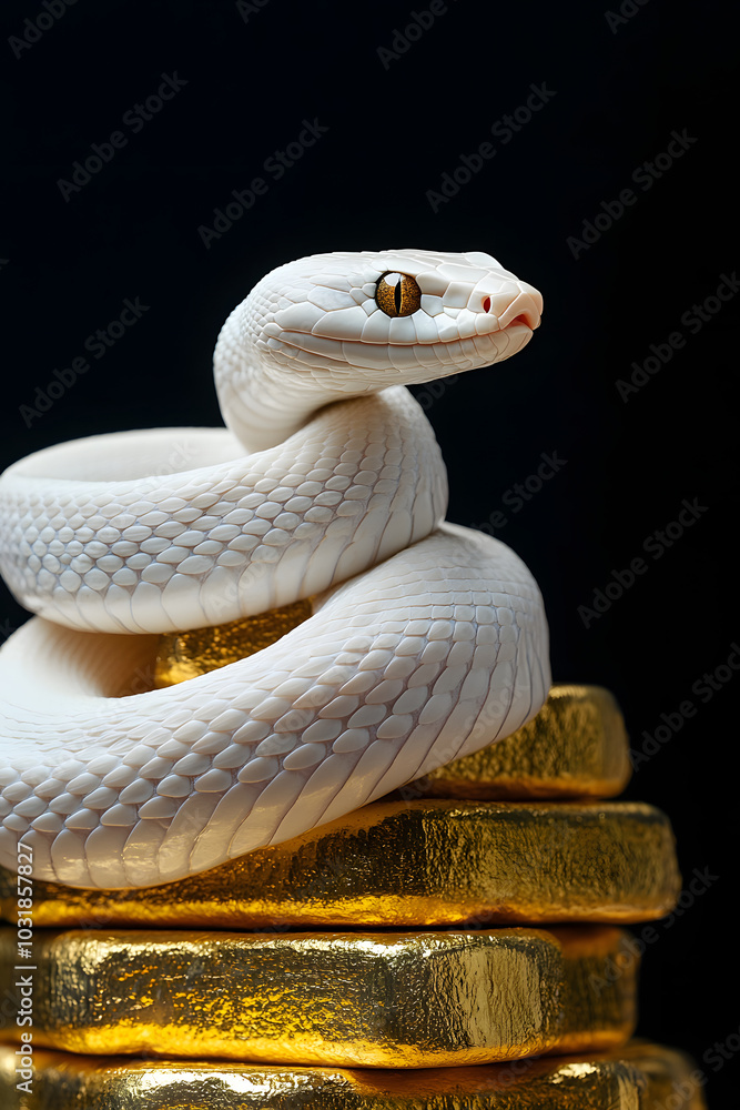 Fototapeta premium 白い蛇と金塊のピラミッド。富と成功のシンボリックなイメージ
