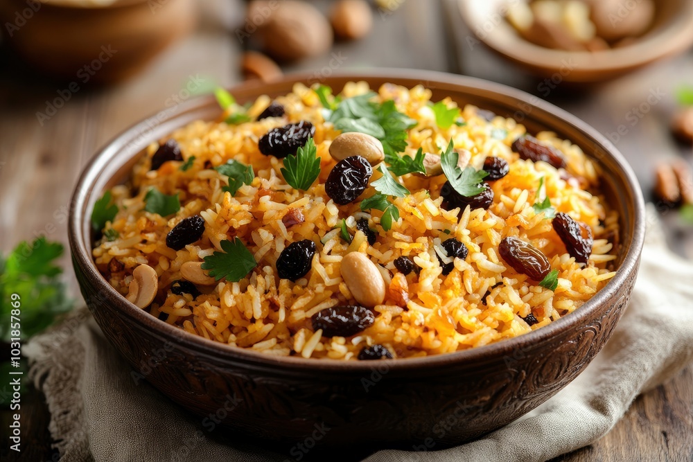 Uzbek pilaf with raisins and nuts - generative ai Uzbek pilaf with raisins and nuts - generative ai