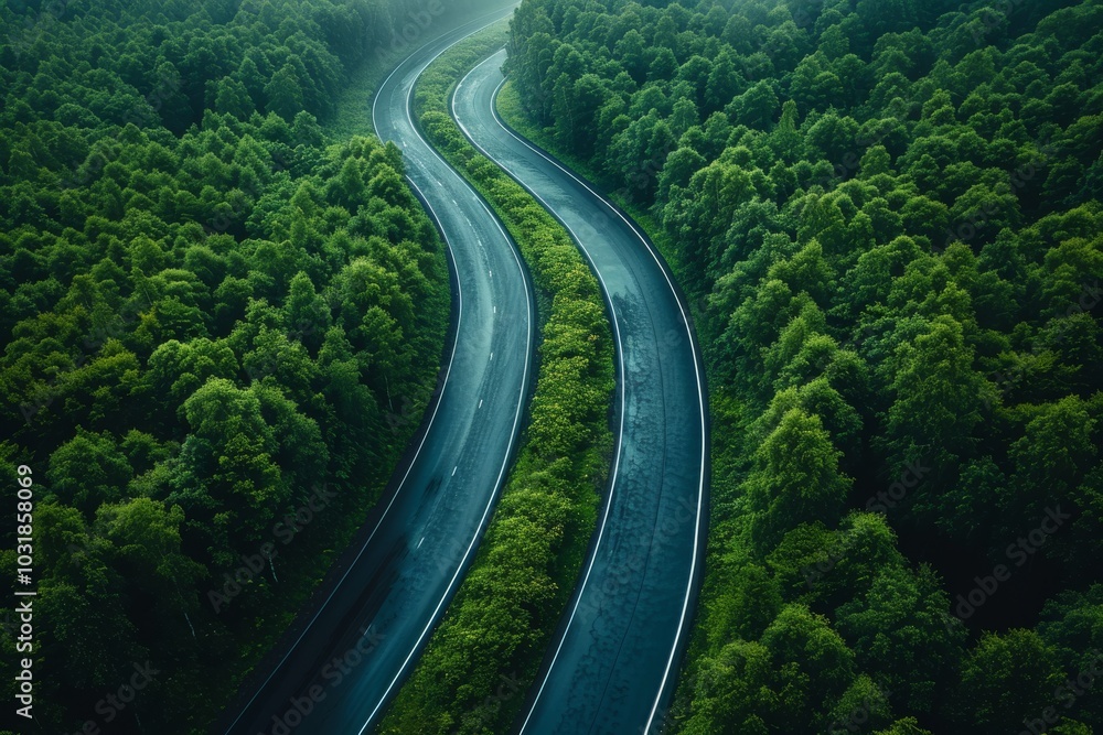 Fototapeta premium Winding road through lush green forest in the early morning light