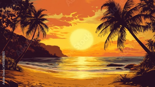 A detailed sunset over an Indian beach with palm trees silhouetted against the golden sky