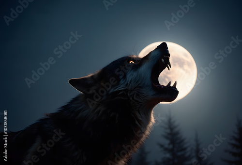 A werewolf stands on a rocky hill, howling at the full moon on a foggy Halloween night photo