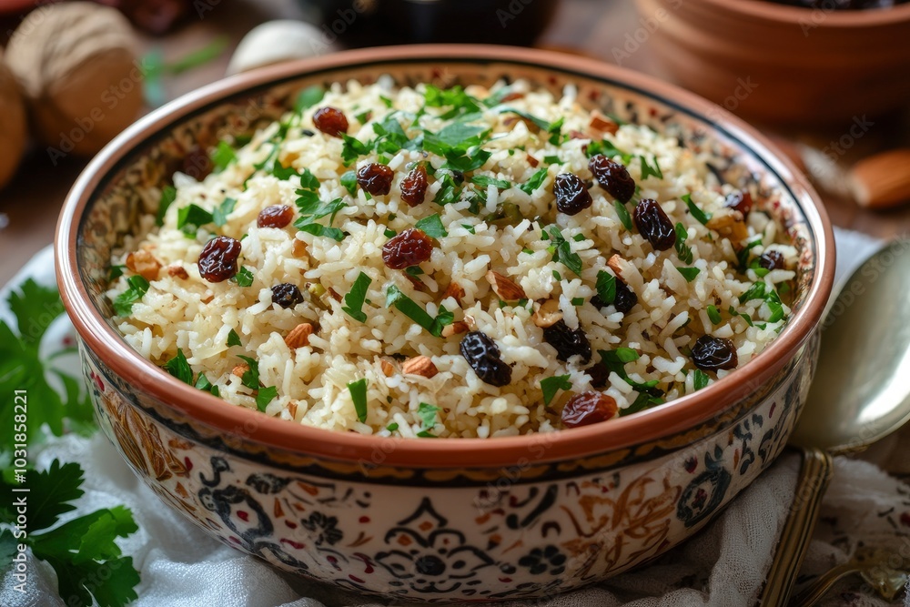 Uzbek pilaf with raisins and nuts - generative ai Uzbek pilaf with raisins and nuts - generative ai
