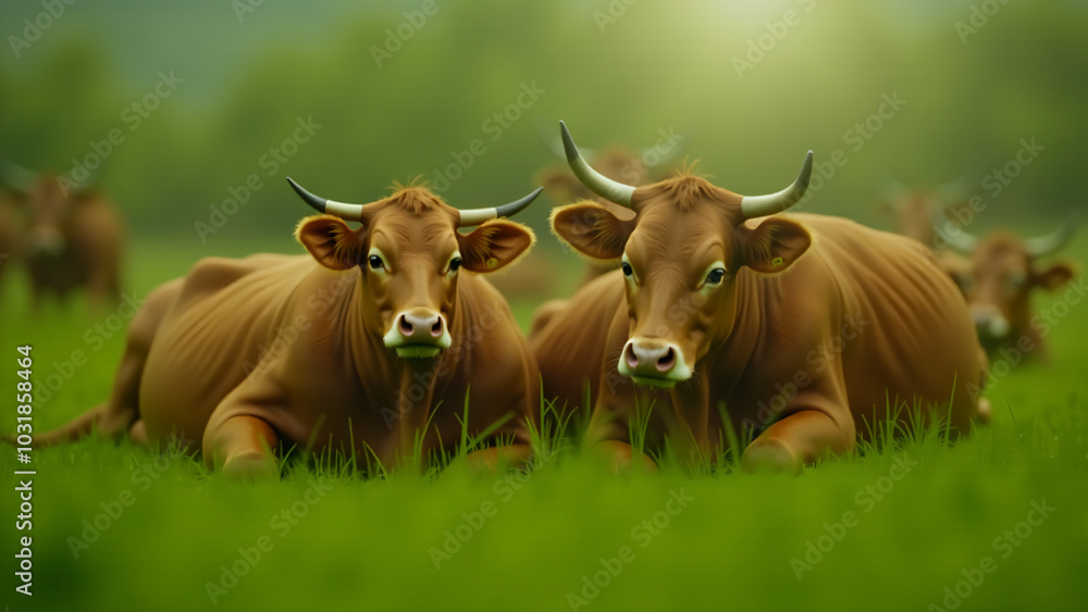 A Serene Scene of Cows Grazing Peacefully in a Lush Green Field Emphasizing the Tranquility of Farm Life A Serene Scene of Cows Grazing Peacefully in a Lush Green Field Emphasizing the Tranquility of Farm Life