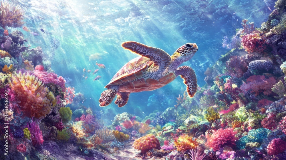 A detailed underwater view of a sea turtle swimming near a coral reef, surrounded by colorful marine life. A detailed underwater view of a sea turtle swimming near a coral reef, surrounded by colorful marine life.