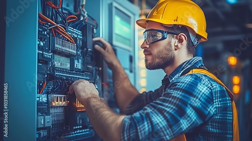 An electrician installing surge protectors on an industrial control panel in a manufacturing facility.