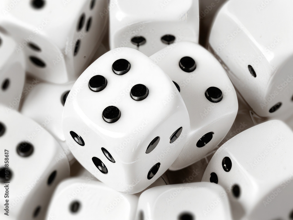 white gambling dice, macro isolated on white background, top view white gambling dice, macro isolated on white background, top view