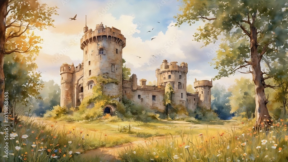 Charming Scottish castle surrounded by wildflowers and lush greenery under bright blue sky Charming Scottish castle surrounded by wildflowers and lush greenery under bright blue sky