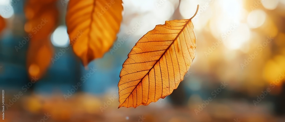 A tight shot of a golden leaf on a tree, sun rays filtering through nearby trees behind A tight shot of a golden leaf on a tree, sun rays filtering through nearby trees behind