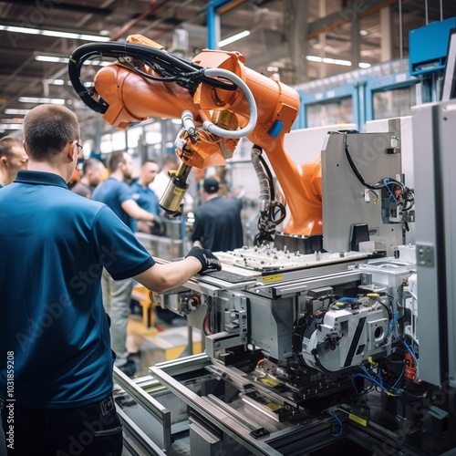 A close-up of a collaborative robot (cobot) working alongside humans in a manufacturing setting, Generative Ai photo