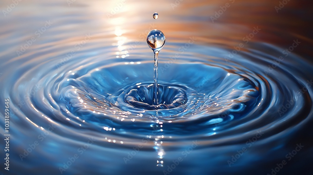 Breathtaking closeup of a water droplet gracefully descending into a vast blue sea surrounded by sunlight reflections emphasizing the beauty and significance of water on World Water Day Breathtaking closeup of a water droplet gracefully descending into a vast blue sea surrounded by sunlight reflections emphasizing the beauty and significance of water on World Water Day