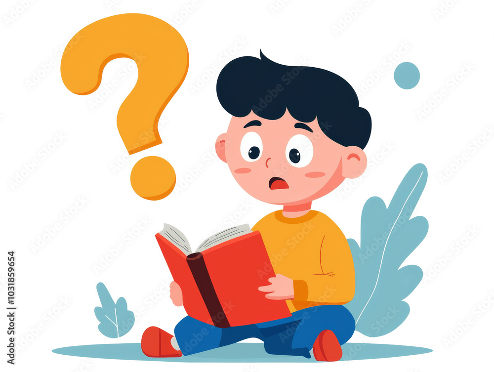 Illustration of a curious child reading a book with a big question mark, symbolizing curiosity and learning. Perfect for educational content. Illustration of a curious child reading a book with a big question mark, symbolizing curiosity and learning. Perfect for educational content.
