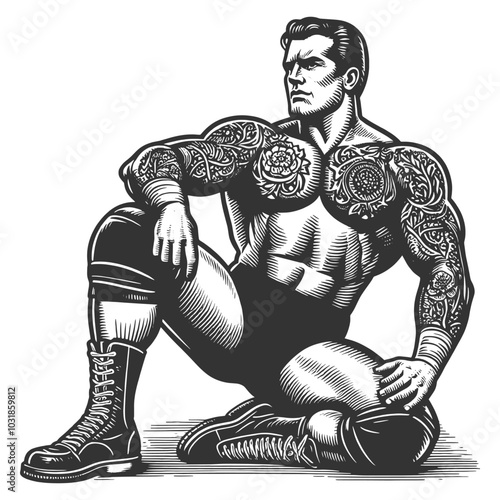 strongman wrestler, depicting strength and masculinity in retro style sketch engraving generative ai fictional character vector illustration. Scratch board imitation. Black and white image.