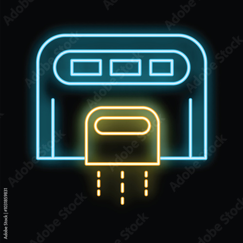 Neon sign of a hand dryer blowing air, typically found in a public bathroom restroom