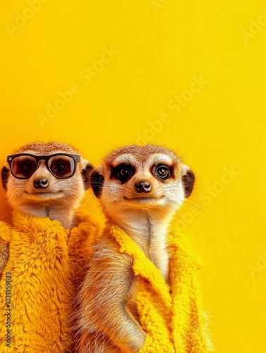 Wallpaper Mural Two meerkats wearing sunglasses and yellow fur coats pose for a birthday party. The meerkats are looking at the camera with a playful smile. The image is bright and cheerful, perfect for a party invit Torontodigital.ca