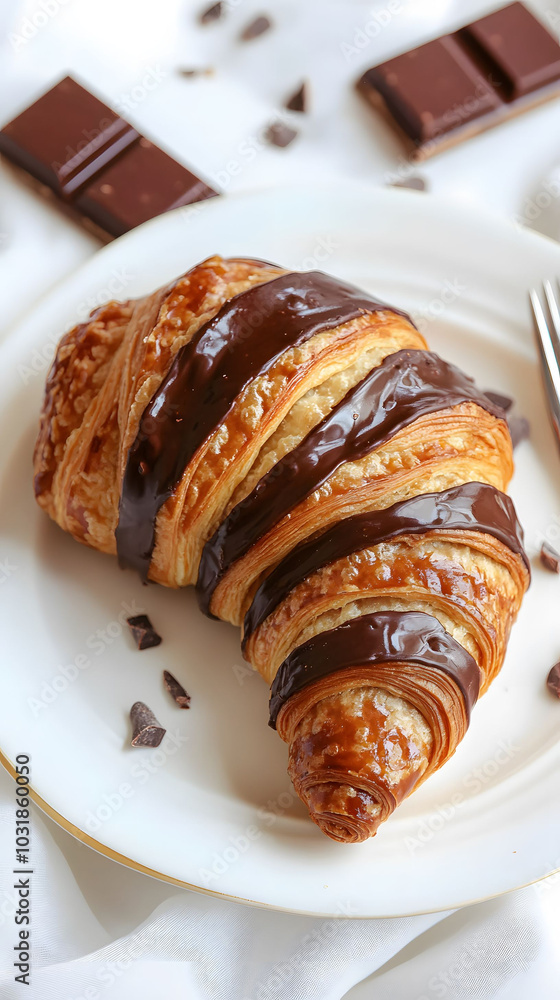 Chocolate croissant on a plate, top view, set against a clean white background, showcasing its flaky layers and rich filling Chocolate croissant on a plate, top view, set against a clean white background, showcasing its flaky layers and rich filling