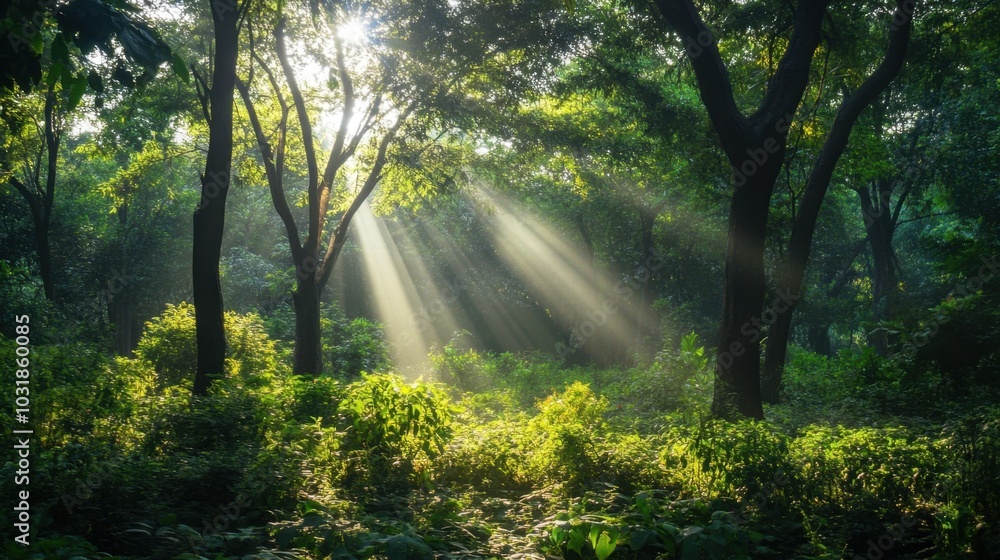 A detailed view of a lush Indian forest with sunlight streaming through dense trees. A detailed view of a lush Indian forest with sunlight streaming through dense trees.