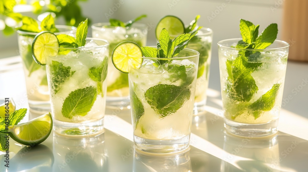 Fototapeta premium Glasses of mojito cocktail with rum, mint and lime standing on bar counter