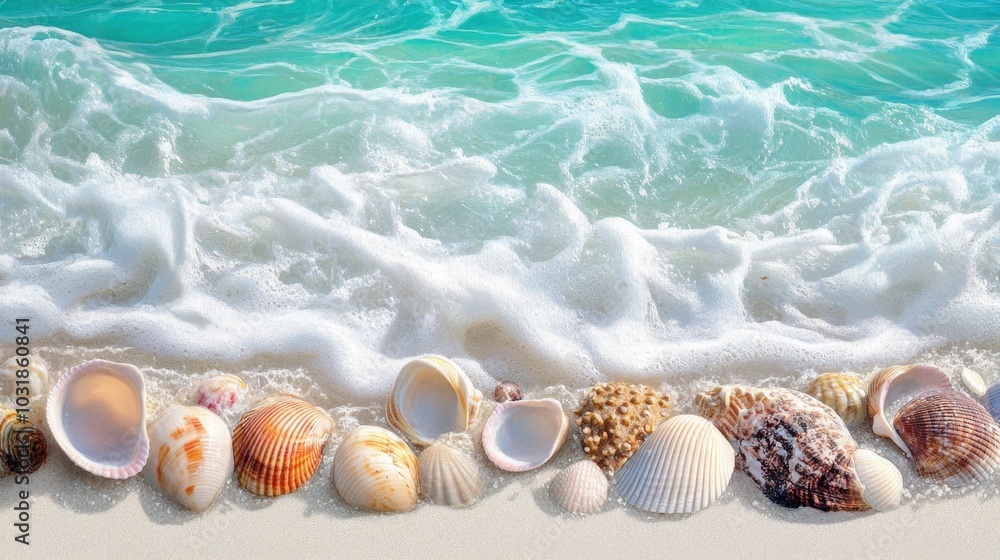 A detailed view of a tropical beach with white sand, vibrant seashells, and clear, turquoise waves rolling onto the shore A detailed view of a tropical beach with white sand, vibrant seashells, and clear, turquoise waves rolling onto the shore