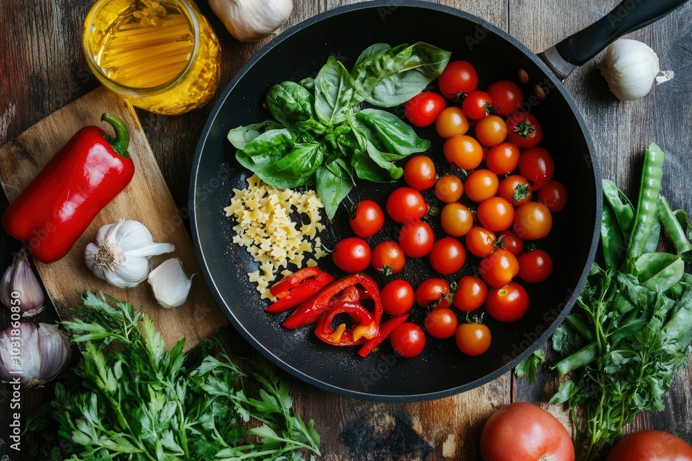 Vegetables for the sauce to pasta fried in a pan - generative ai Vegetables for the sauce to pasta fried in a pan - generative ai