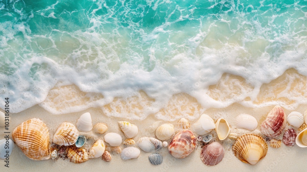 A detailed view of a tropical beach with white sand, vibrant seashells, and clear, turquoise waves rolling onto the shore A detailed view of a tropical beach with white sand, vibrant seashells, and clear, turquoise waves rolling onto the shore