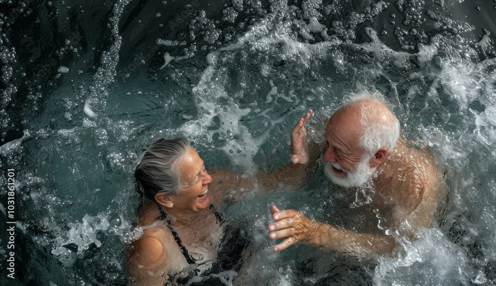 Fototapeta premium An elderly couple swims in the ocean, gazing at each other