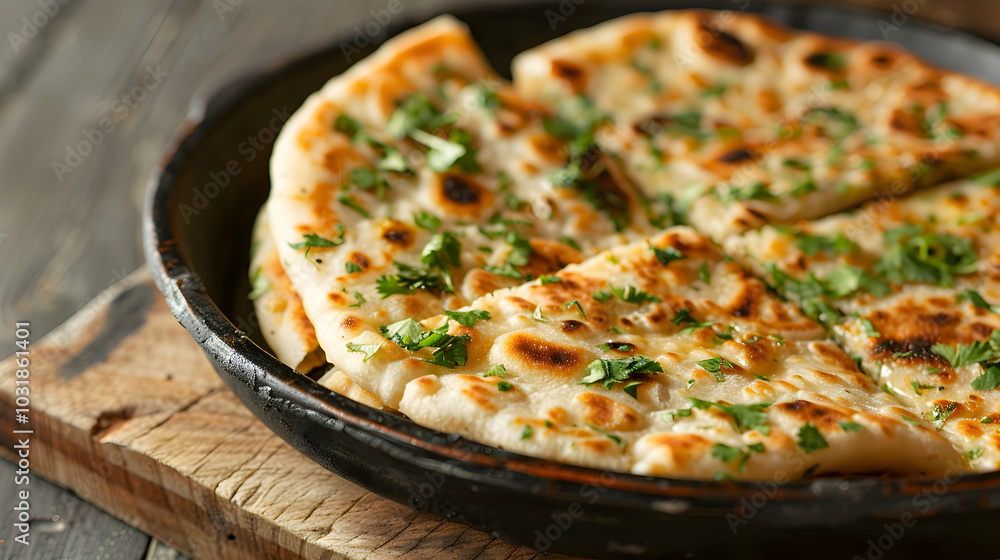 A close-up of paneer paratha with fresh cilantro A close-up of paneer paratha with fresh cilantro