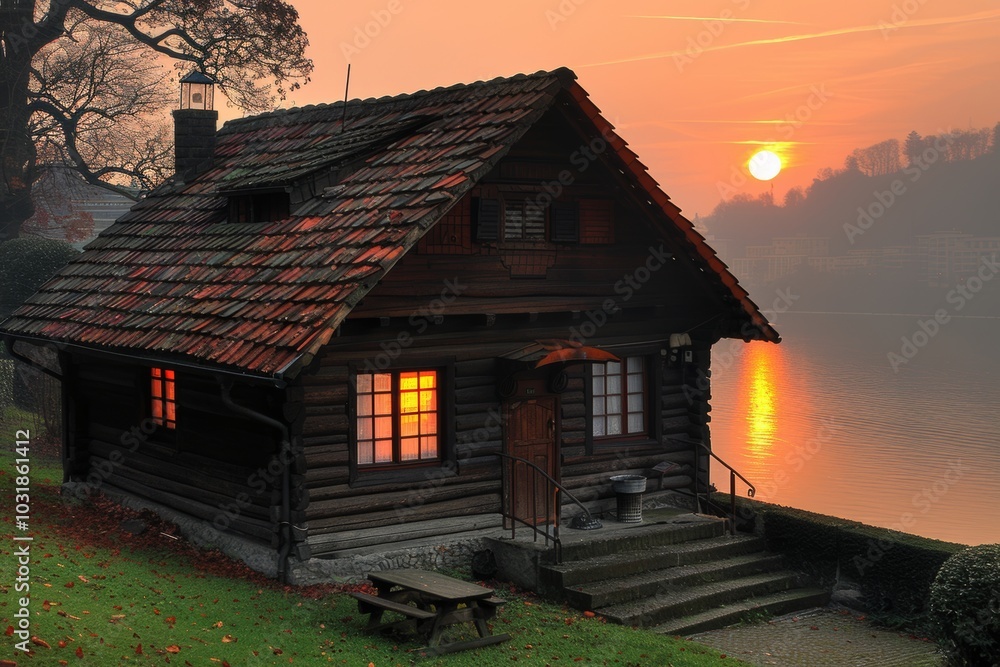 Serene lakeside cabin at sunset with warm glowing windows and calm reflections in the water Serene lakeside cabin at sunset with warm glowing windows and calm reflections in the water