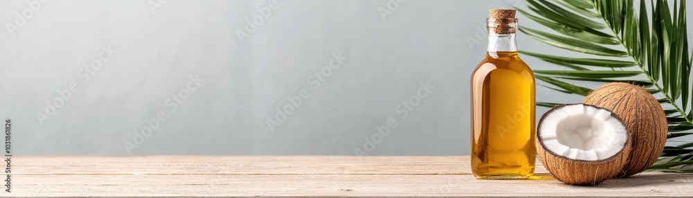 Coconut oil bottle with coconut halves on a wooden table, tropical theme, natural ingredients.